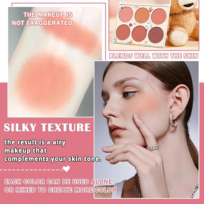 6 Colors Blush Palette for Cheeks with Make Up Brush,Face Matte Contour Blush Makeup Palette,Buildable Shimmer Facial Cheek Blusher Shades,Blendable Cosmetic Makeup Blush