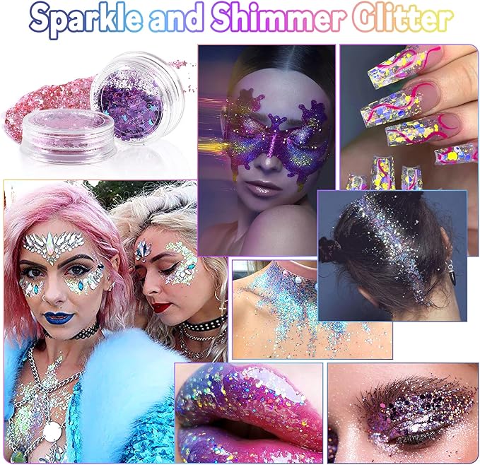 Laza Body Glitter, 2 Jars Holographic Chunky Sequins with Glitter Glue Perfect for Women Eyeshadow Makeup Face Paint Festival Rave Outfits Hair Accessories Carnival Party Costumes - Sliver Galaxy