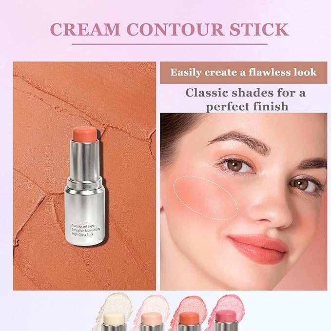 4Pcs Cream Contour Stick Makeup Kit,Shades with Highlighter,Brush Stick,Cream Bronzer for Sculpt the Cheeks,Long-lasting Waterproof Lightweight Contour Set A