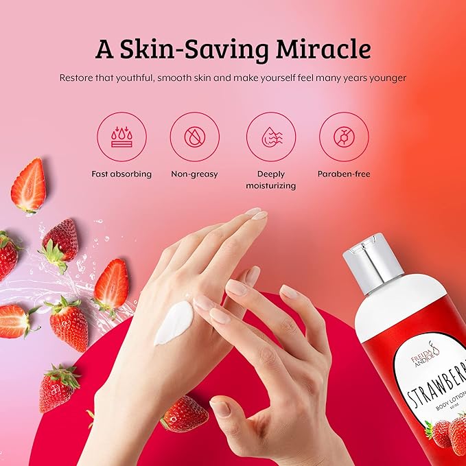 Home Spa Gift 10oz Deep Moisturizing Fragrance Body Lotion & 8 oz. Fine Fragrance Body Mist Set Luxury Self-Care Combo for Women and Girls (Strawberry) – Mother's Day Gift for Mom