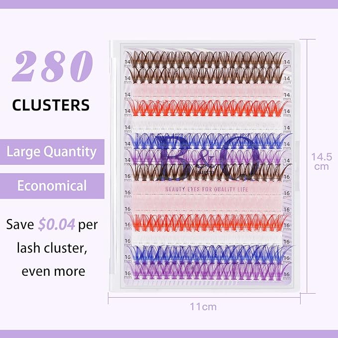 B&Q 280PCS Colored & Rainbow False Eyelashes Kit, 6 Vibrant Colors DIY Volume Lashes, Includes Lash Glue & Remover, Professional Cluster Lashes for Party, Stage, Cosplay, Festival Makeup