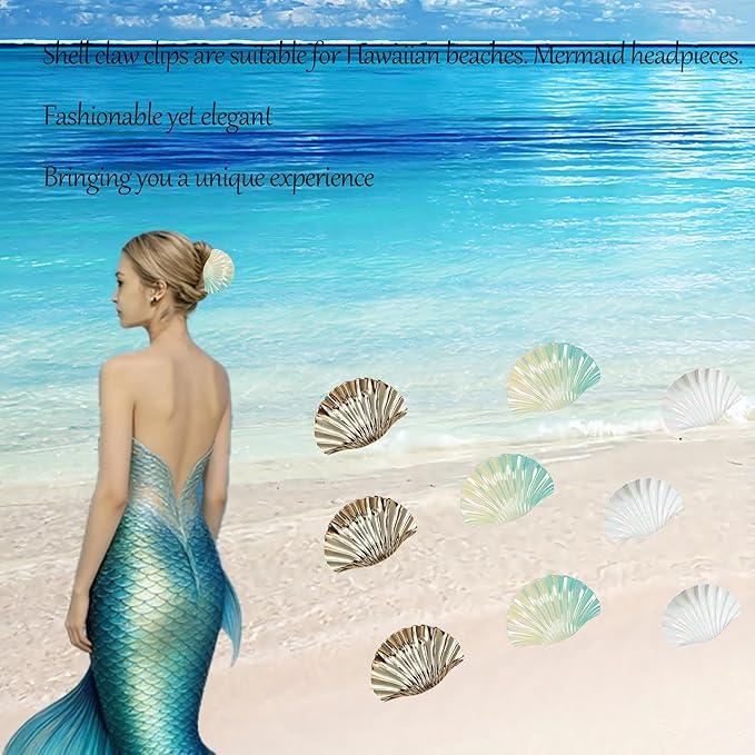 3PCS Seashell Claw Clip for Women 3.74 Inch Gold Shell Claw Clip for Thick/Thin Hair Hawaiian Hair Accessories for Girls, Hawaii Tropical Decor for Summer Beach Vacation (Gold White Blue Gradient)