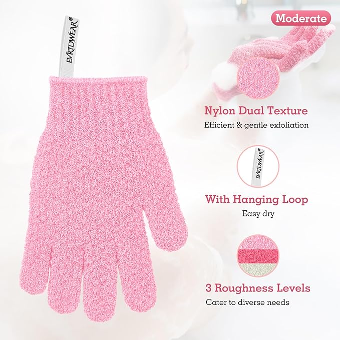 Evridwear Exfoliating Glove Shower Gloves Exfoliate Dead Skin for Dry Sensitive Skin No Irritation with Hanging Loop (3 Exfoliation Level Mixed- 3 Pairs)