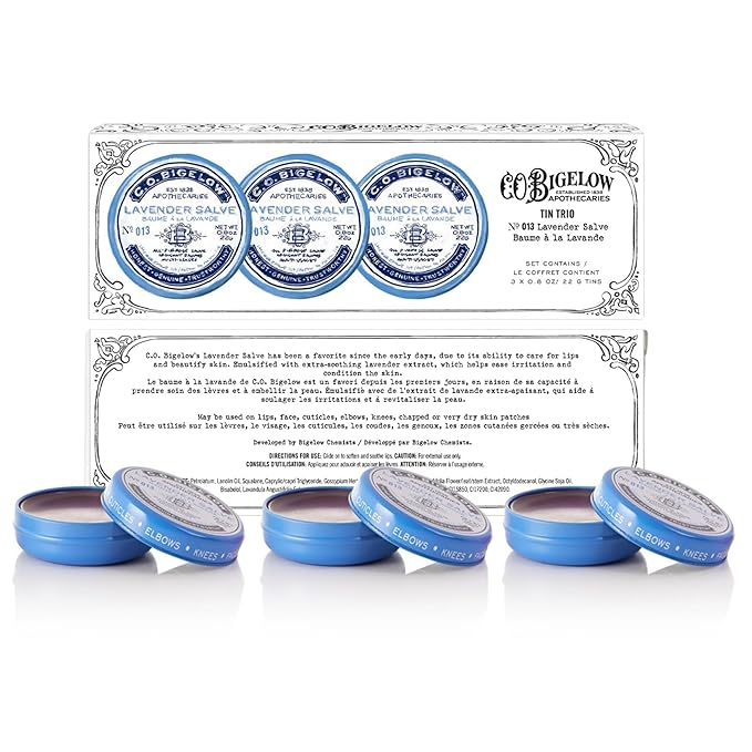 C.O. Bigelow Lavender Salve Tins, Pack of 3 Lip Balm Tins, All Purpose Salve for Lips, Cuticles, Hands & Dry Skin, Lip Balm Set, 0.8 oz