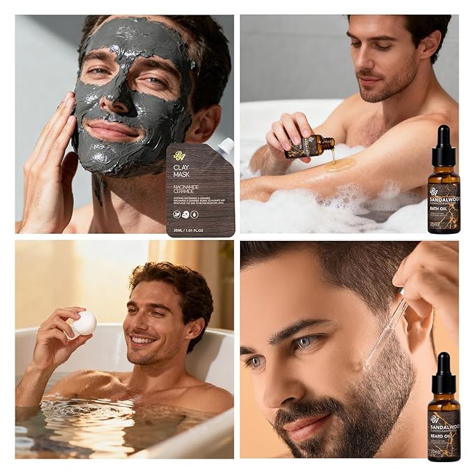 Sandalwood Beard Grooming Set For Men, 21 Pcs Facial Skin Care Set, Spa & Self-Care Gift Basket Set, Bath and Body Gift Set, Bath Bomb, Birthday, Christmas, Valentines, Father's Day Gift, Husband, Dad