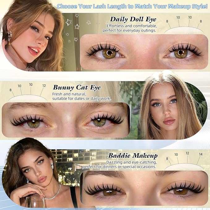 ALICE Bunny Lash Clusters Wispy Eyelash Clusters 8-14mm Cluster Eyelash Extensions Manga Lash Extensions Anime Individual Lashes Invisible Band with 2 Spikes