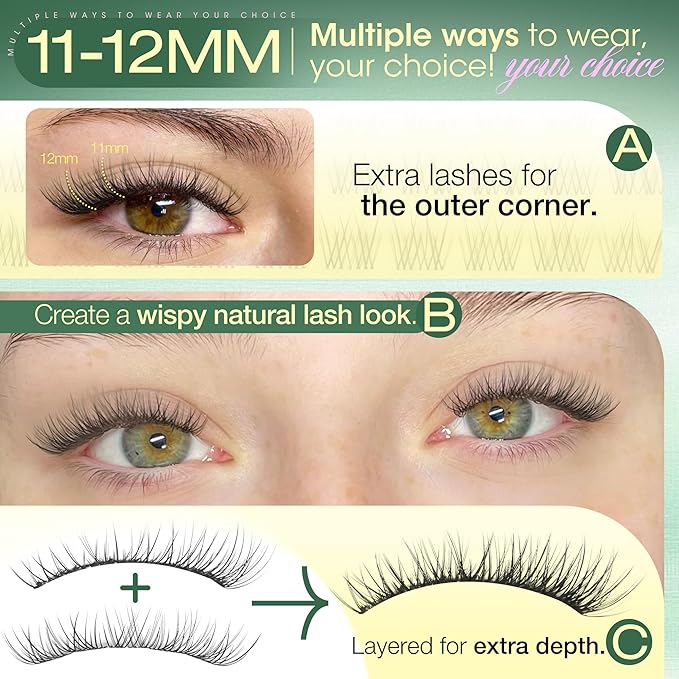 Natural Lash Clusters 11-12MM Eyelash Clusters Clear Band Individual Lashes Short Wispy Cluster Lashes C Curly Cluster Eyelash Extensions for Everyday Makeup by Lvmixwig