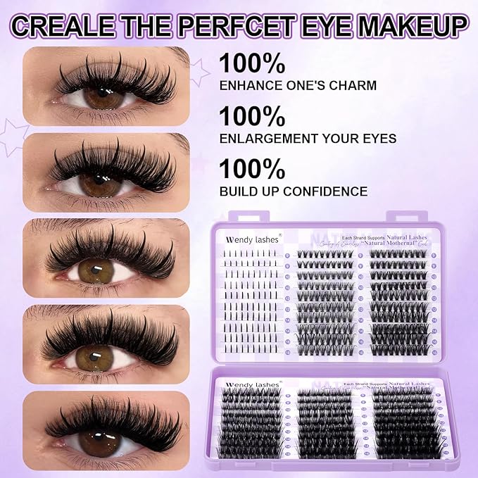 WENDY LASHES Clusters for Eyelash Extensions, 40D+50D+60D+80D+100D, 520PCS, 9-16mm Mixed, Ultra-light, Natural, Waterproof, DIY at Home, D Curl
