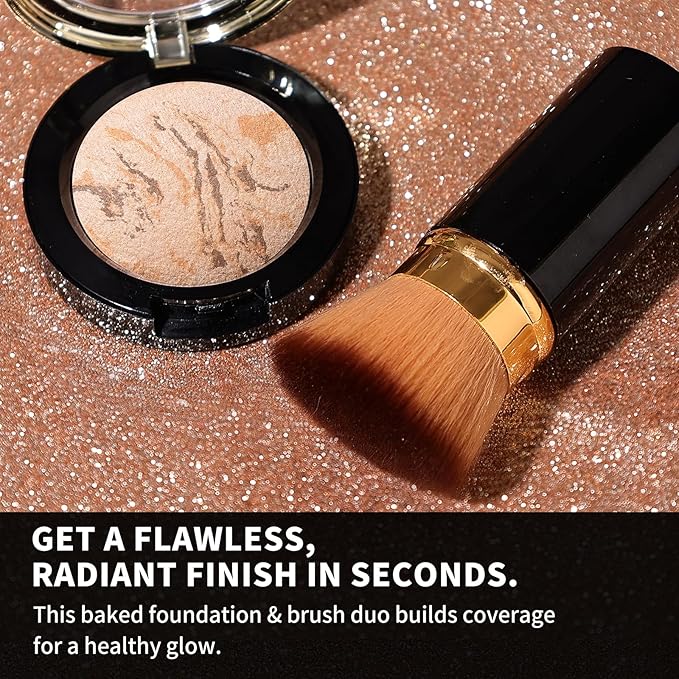 KIMUSE Baked Foundation - Brighten Color Correcting Powder Foundation with Retractable Kabuki Brush Makeup Set for Mature Skin, Buildable Coverage, Radiant Natural Finish