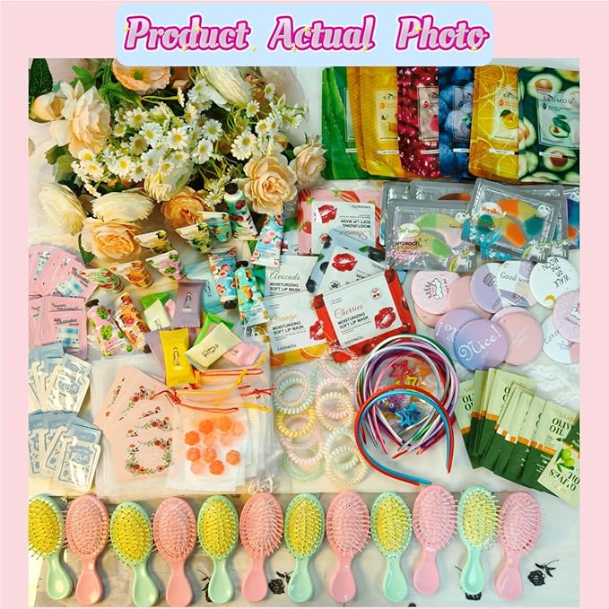 204PCS Spa Party Supplies for Women, Spa Party Favors Include Facial Masks,Under Eye Patches, Lip Balm, Hair Rings, Makeup Mirrors, Hand Cream, Mini Hair Brush for Women, Sleepover Party Women