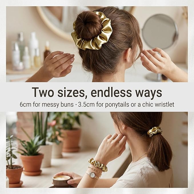ZLYC 100% Mulberry Silk Scrunchie 19 Momme Gentle Creaseless Hair Tie for Women Dent-Free Ponytail Holder, 3.5cm Solid Oatmeal