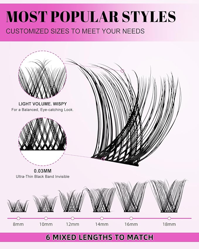 Energy Lash Clusters Wispy 8-18mm Eyelash Clusters Natural Look Lightly Fluffy - WideSpan DIY Eyelash Extensions Kit Individual False Lash Kit with Ultra-Thin Invisible Black Lash Band