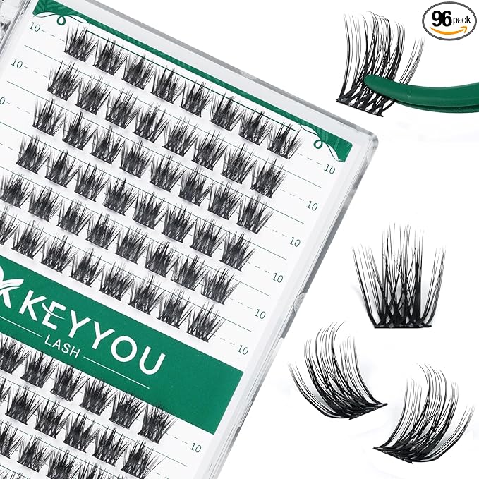 Lash Clusters 96pcs Individual Lashes Y08 D Curl 10mm Cluster Lashes KEYYOU Volume Wispy Lash Extension Soft&Comfortable Easy DIY at Home(Y08 D-10mm)