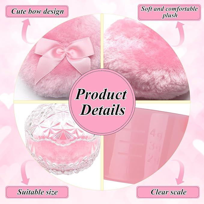 5 Pcs Large Body Powder Puff and Container Set, Anglecai 4 Inch Crystal Powder Puff Container for Body Powder Puff Dish with 2P Powder Puffs and 2P Spoon