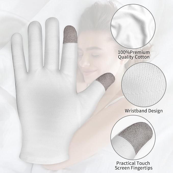 Sibba 2 Pairs Touch Screen Moisturizing Gloves White Cotton Moisturizing Gloves Overnight Bedtime Heal Eczema Sleeping Lotion Hand Spa Treatment Gloves Repair Rough Cracked Dry Chapped Hands Skin
