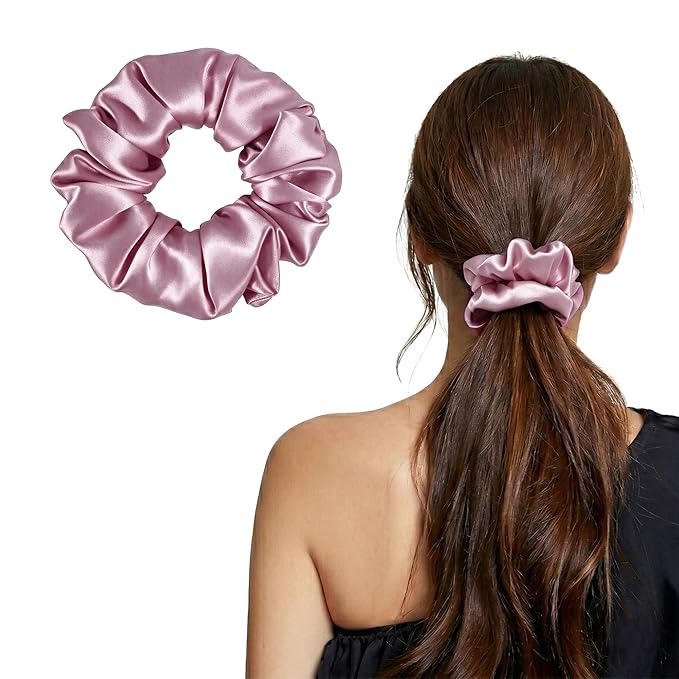 ZLYC 100% Mulberry Silk Scrunchie 19 Momme Gentle Creaseless Hair Tie for Women Dent-Free Ponytail Holder, 3.5cm Solid Mauve