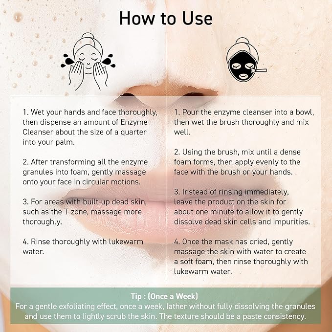 White Clay Enzyme Cleanser, Gentle Exfoliating Face Wash for Sensitive Skin, Deep Pore Facial Cleanser, Powder to Creamy Clay Mask, Korean Skin Care