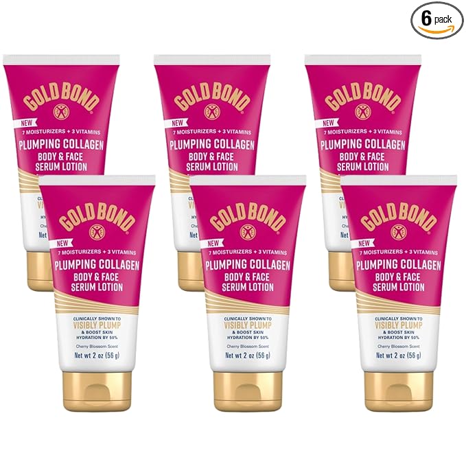 Gold Bond Plumping Collagen Body & Face Serum Lotion, Lightweight Hydrating Moisturizer with Collagen Peptide Complex, Jojoba & Grapeseed Oils to Visibly Plump Skin, Cherry Blossom Scent, 2 oz, 6 pack