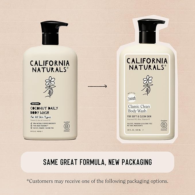 California Naturals Classic Clean Toasted Coconut Body Wash 2-Pack, Coconut Oil, Shea Butter & Aloe, Naturally Scented, Sulfate, Paraben & Silicone Free, 20 oz