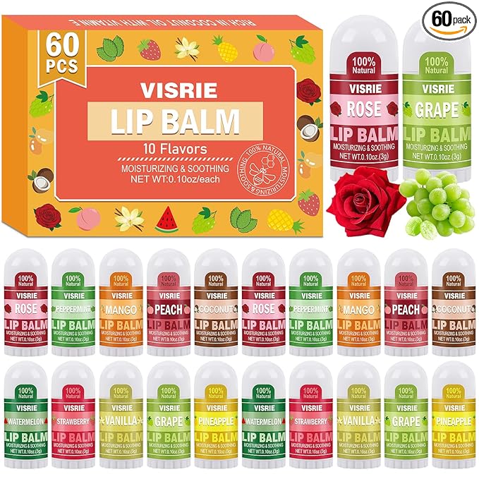 VISRIE 60 Pack Mini Lip Balm Bulk, Natural Lip Balm with Vitamin E & Beeswax, Moisturizing Lip Care for Dry Lips, Perfect for Party Favors, Care Packages & Small Gifts