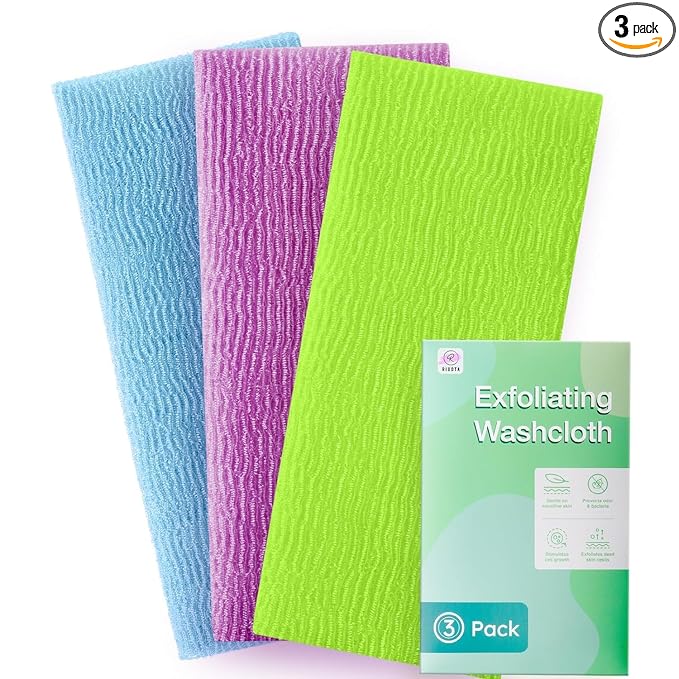 3 Pieces Exfoliating Washcloth Shower Towel African Net Sponge Japanese Wash Cloth Face Exfoliating Sponge Loofah Exfoliating Body Scrubber for Body Exfoliation (Purple,Blue,Green)