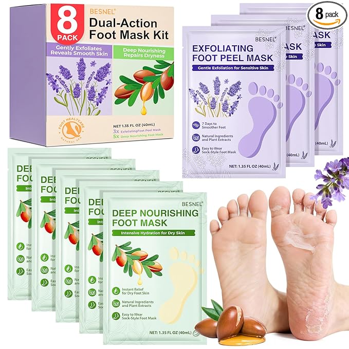 BESNEL 5Pack Moisturizing＆3Pack Foot Peeling Foot Mask, Teacher Appreciation Gifts, Hydrating Foot Masks Dry Cracked Feet, Soothing Moisturizer Socks Repair Rough Heels＆Baby Soft Feet(8P)