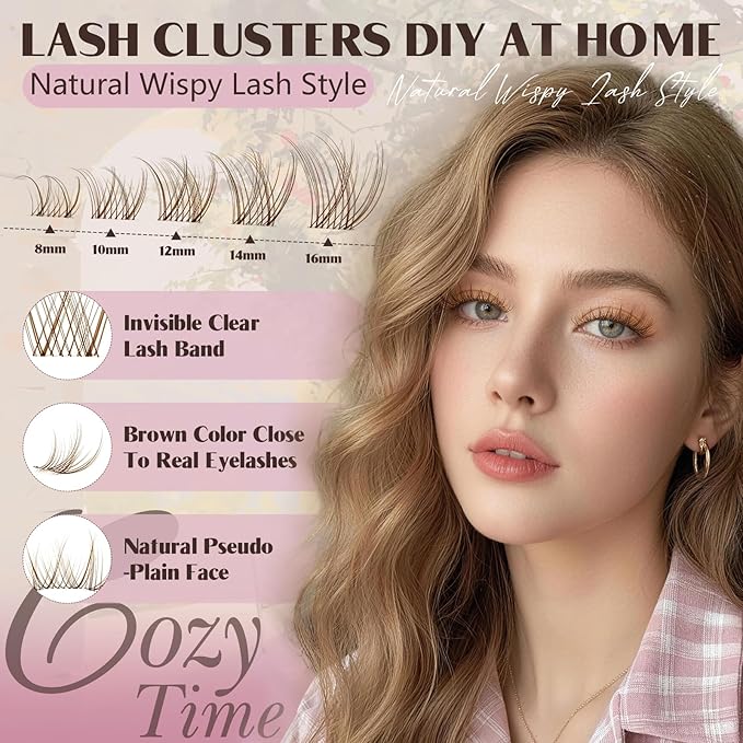 JMS&JMS Brown Lash Clusters Natural Wispy Lash Clusters Brown Eyelash Clusters Clear Band C Curl DIY Cluster Lashes 8-16mm