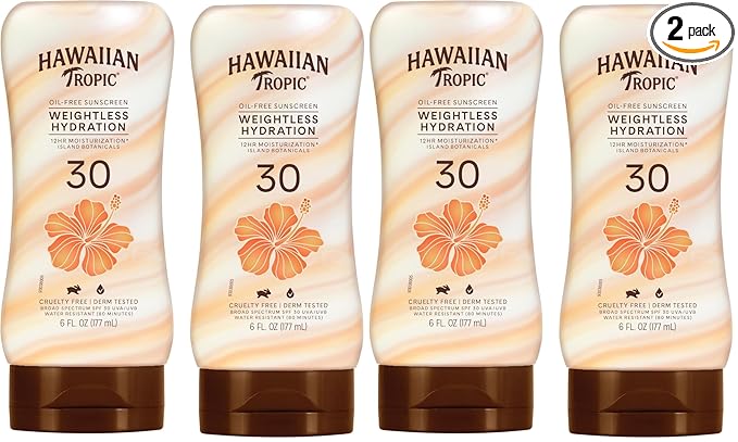 Hawaiian Tropic Weightless Hydration Lotion Sunscreen SPF 30,6Fl Oz Twin Pack,Oil Free Sunscreen,Hawaiian Tropic-Sunscreen SPF 30,Oxybenzone Free-Sunscreen,Body-Sunscreen,6Fl Oz each,(Pack of 2)