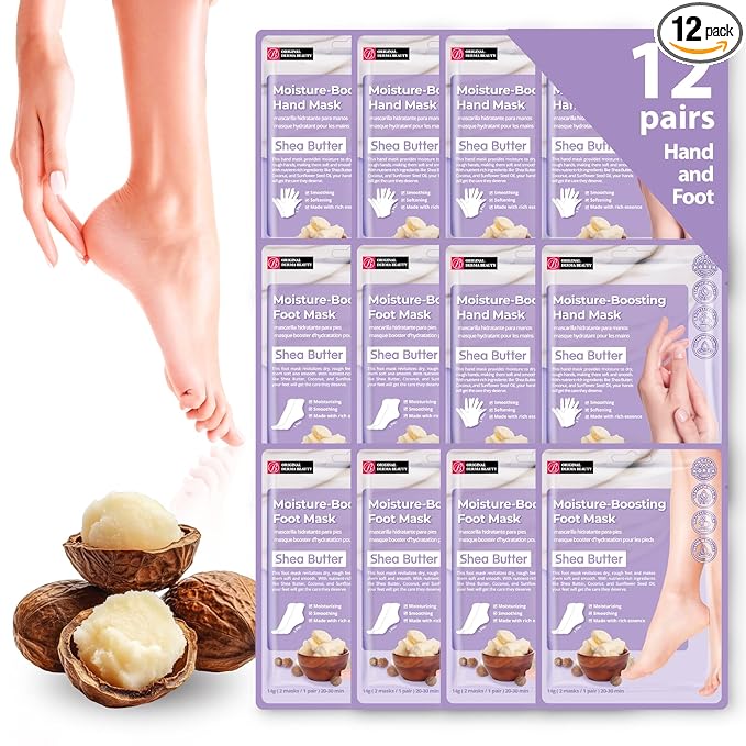 Innerest 12 PK Hand + Foot Mask Set (6 Hand + 6 Foot) Shea Butter Derma Beauty Moisturizing Gloves & Socks for Dry Cracked Hands and Feet, Pedicure Essential Self Care Gifts for Women