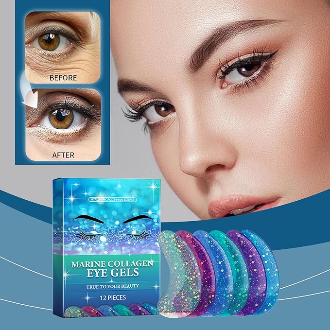 Marine Collagen Eye Gels, Under Eye Patches Collagen Pads for Puffy Eyes, Dark Circles, Bags & Wrinkles, Relieves Pressure & Reduces Wrinkles (6 Pairs)