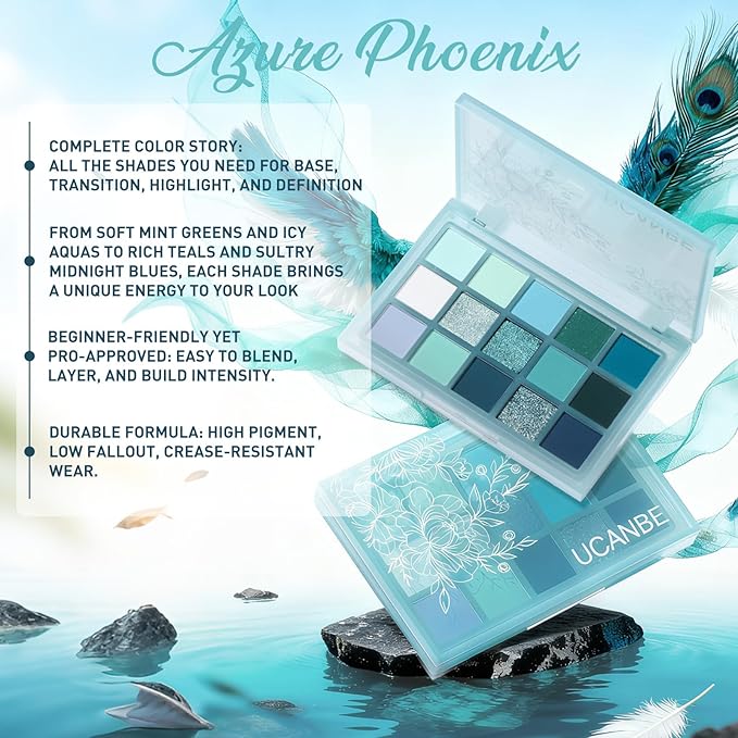 UCANBE 15 Color Eyeshadow Palette – Shimmer Matte Glitter Metallic Cool Tones Shades in White, Blue, Green, Mint, Teal, Navy – High Pigemented Blendable Eye Makeup Palette Kit