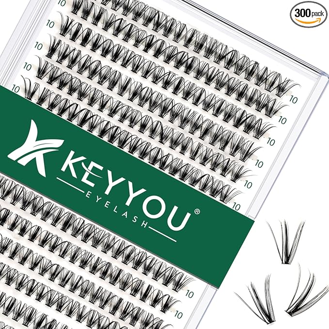 KEYYOU Lash Clusters 300pcs Individual Lashes, 30D 0.07D Curl 10mm DIY Eyelash Extension, Soft & Natural Volume Cluster Lashes with Large Tray