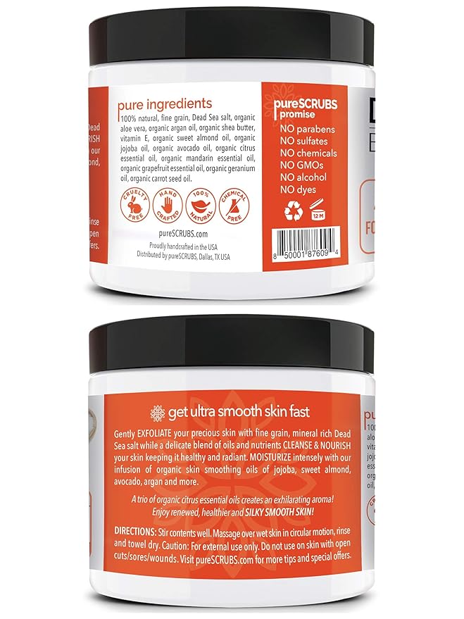 pureSCRUBS Premium Citrus Body Scrub Set - Large 16oz Dead Sea Salt Body Scrub With Infused Essential Oils & Nutrients, Includes Wooden Spoon, Loofah & Oatmeal Exfoliating Bar Soap