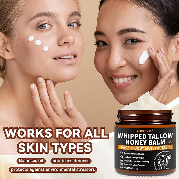 Beef Tallow for Skin - Organic Grass-Fed Whipped Beef Tallow and Honey Balm with Wild Honey & Beeswax, Beef Tallow for Face & Body Moisturizer, Natural Lotion for Sensitive and Dry Skin 4.2 oz
