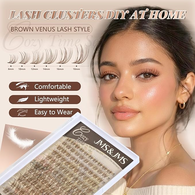 JMS&JMS Brown Venus Lash Clusters Kit, Velour Lash Clusters Wispy Natural Invisible Band Lash Extension Kit with Waterproof White Glue DIY at Home(Brown-Venus-C-8-18MIX)