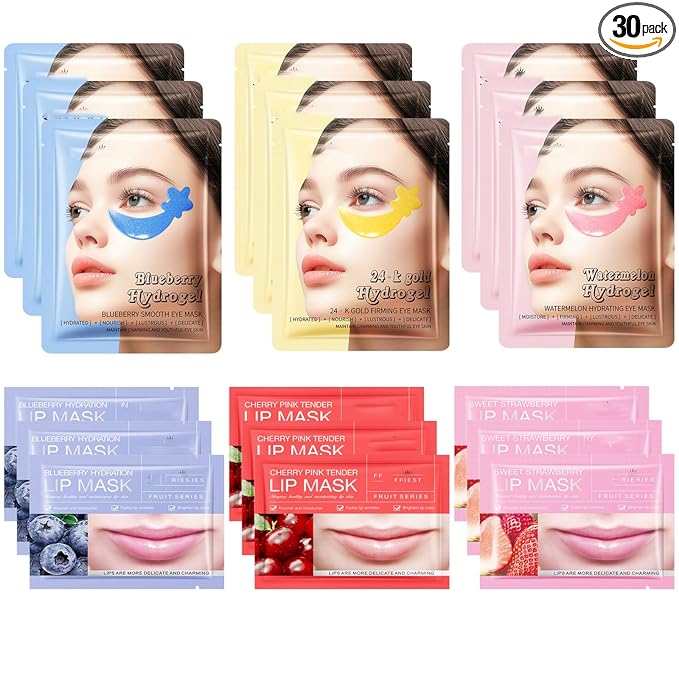 30PCS Lip Masks & Gel Eye Masks,Crystal Collagen Eye Patches for Puffy Eyes, Moisturizing& Reducing Fine Lines Dark Circle Eye Patches for Women Men