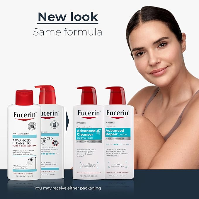 Eucerin Advanced Repair Unscented Body Lotion for Dry Skin (16.9 Fl Oz) + Advanced Cleansing Body and Face Cleanser for Sensitive Skin, Fragrance Free (16.9 Fl Oz)
