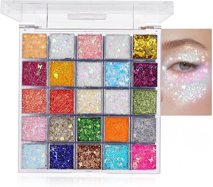 DAGEDA 25 Colors Body Glitter Palette, Face Hair Glitter Gel Holographic Chunky Sequins, Glitters Eyeshadow Body Shimmer Makeup for Rave Outfits Mermaid Accessories