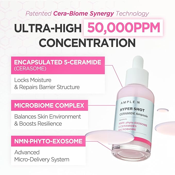 AMPLE:N Hyper Shot Ceramide Ampoule - Korean Face Serum for Dry Damaged Skin - Barrier Repair, K-Beauty 100-Hour Hydration with 50,000 ppm Ceramide Complex, Niacinamide, and Beta-Glucan, 1.69 fl. Oz.