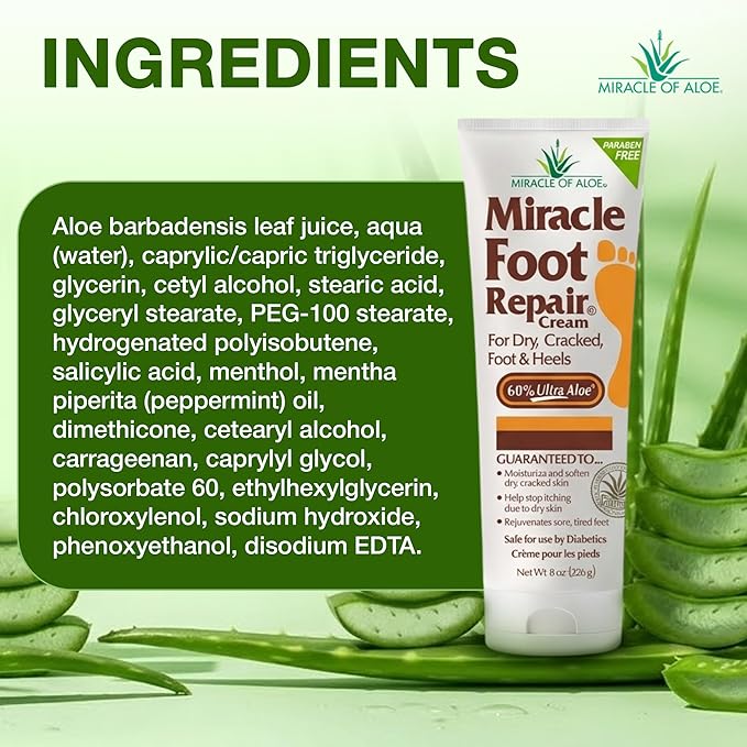 Miracle Foot Repair Cream, 8 oz + 1 oz Miracle Hand Repair, Healing Aloe Vera Lotions for Dry, Cracked Hands and Feet (8 oz Foot Cream + 1 oz Hand Cream)