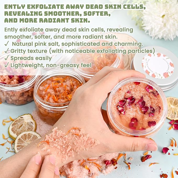 JUYRLE Body Scrub Making Kit- DIY Pink Salt Body Scrub Kit with Almond Oil, Essential Oils, Moisturizing and Exfoliating Dry Skin Hand Foot DIY Organic SPA Kit Gifts For Women & Men
