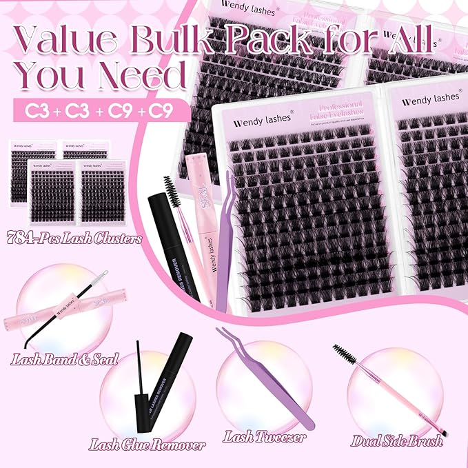 Wispy Lash Clusters Kit Packs: Wendy, 784Pcs, C3, C3, C9, C9, Natural, Volume, Soft, DIY Eyelash, C Curl, 10-18mm Mixed, Individual, Fake Lashes, Bulk Pack