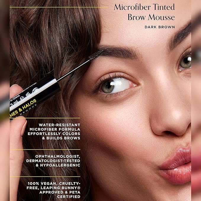 Arches & Halos Microfiber Tinted Brow Mousse - Shape and Define - Get Full, Fluffy, Natural Looking Brows - Vegan and Cruelty Free Makeup - Dark Brown, 0.106 oz (Pack of 2)