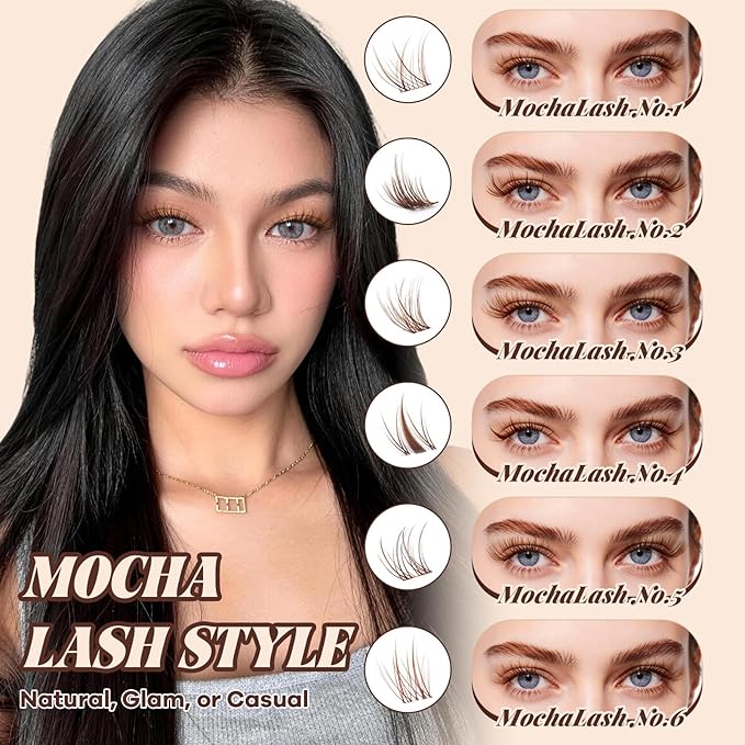 B&Q Brown Lash Clusters Kit Natural Mochalash Clusters 03, Wispy Eyelash Clusters Kit C-Curl Cluster Eyelash Extensions 8-16mm Brown Lash Eyelashes Kit for Fair/Dark Hair(Mochalash 03 Set)