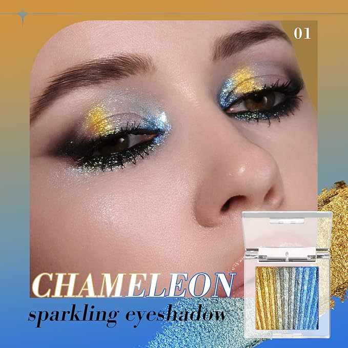 Afflano Colorful Multichrome Eyeshadow Single, Chameleon Duo Chrome Eyeshadow Palette Half Magic, Holographic Sparkle Yellow-Blue Color Shift Glitter Eye Shadow Make up/Iridescent Eyelid Makeup, #01