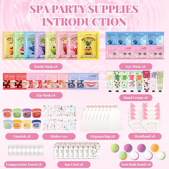 90PCS Spa Party Supplies for Girls, Sleepover Party Supplies for Girls, Skincare Set, Include Sleepover Party Temporary Tattoos, Face & Lip Mask, Foot Bath Bombs, Hand Cream, Spa Party Favors