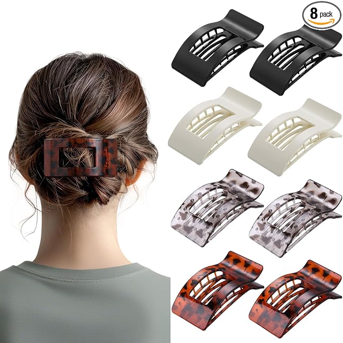 8 Pack French Flat Hair Clips for Women – Large Matte No-Slip Claw Barrettes for Thick & Thin Hair, Strong Hold Styling Accessories (Leopard Black and White)