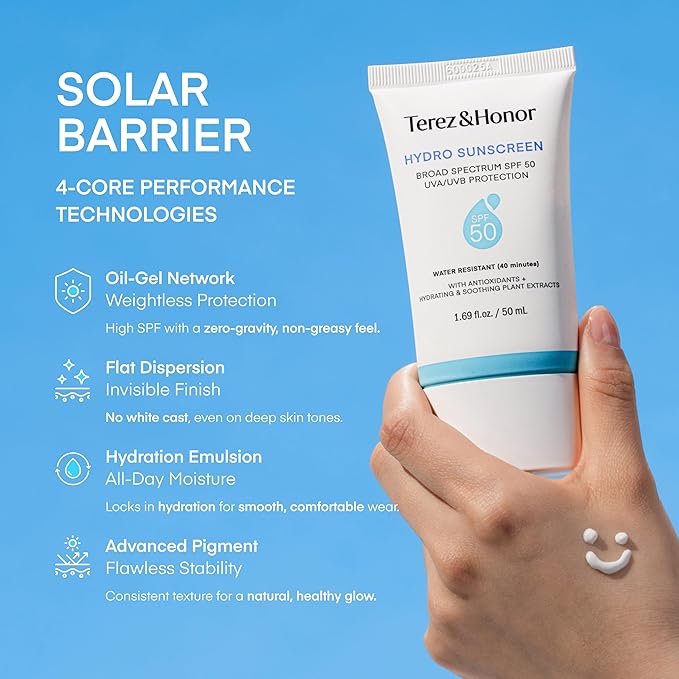 Terez & Honor Hydro Sunscreen for Face: Hydrating Broad Spectrum SPF 50 Sunscreen with UVA/UVB Protection - Moisturizing, Soothing, Water-Resistant, No-White Cast & Non-Greasy - Korean Sun Care 2-Pack