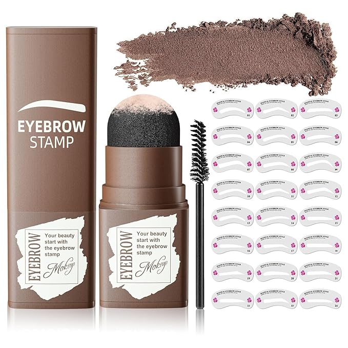 Eyebrow Stamp & Eyebrow Stencil Kit, Eye Brow Stencil Kits with Eyebrow Brush, Long-Lasting Waterproof & Smudge-Proof Eyebrow Shaping Kit with 24PCS Thin & Thick Eyebrow Stencils (Dark Brown)