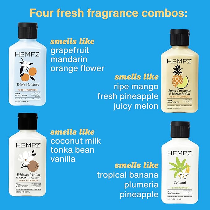 Hempz Mini Moisturizer Kit, Everyday Hydrating Lotion, 4-pack Travel Hand Cream Set, 2.25 oz